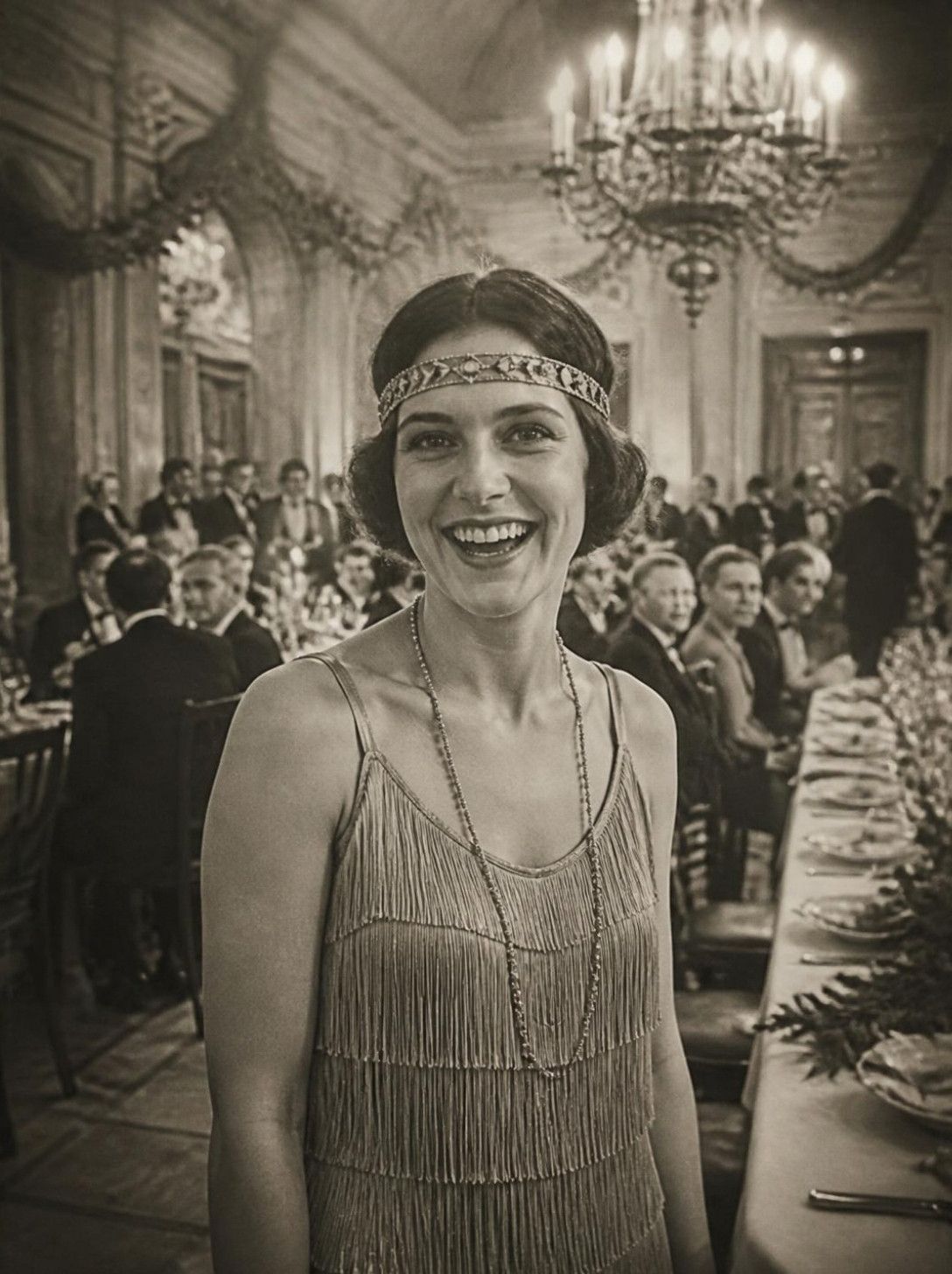 Retro stils: 20. gadu ballīte. Smaidoša viese ar galvas saiti. Jautrs retro portrets fotokabīnes izdrukai.