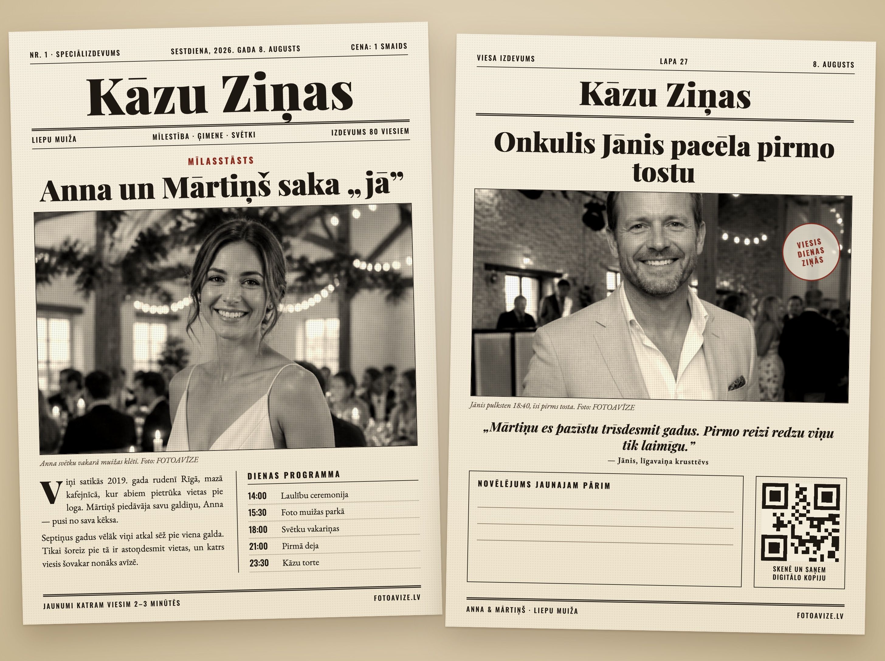 Kāzu foto avīzes makets: pirmā lapa ar pāra mīlasstāstu un dienas programmu, blakus viesa lapa ar foto, virsrakstu un QR kodu