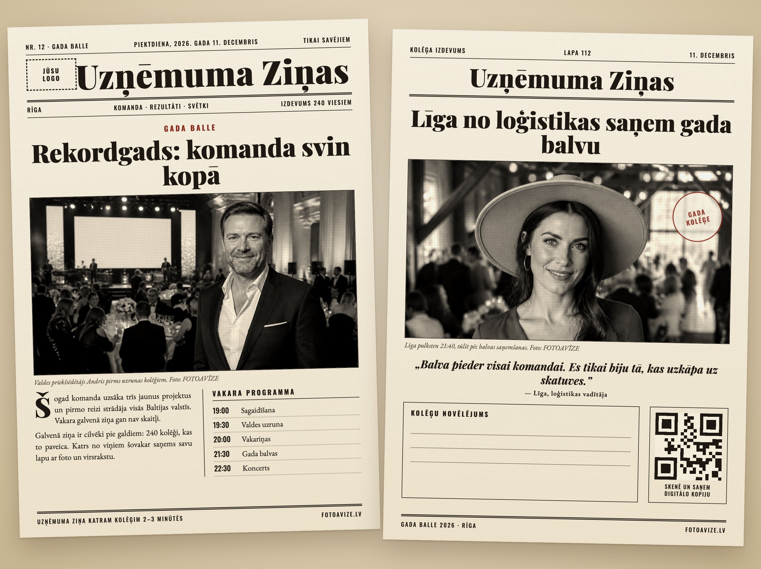 Korporatīvās foto avīzes makets: pirmā lapa ar uzņēmuma logotipu, gada balles ziņu un vakara programmu, blakus kolēģa lapa ar foto, virsrakstu un QR kodu