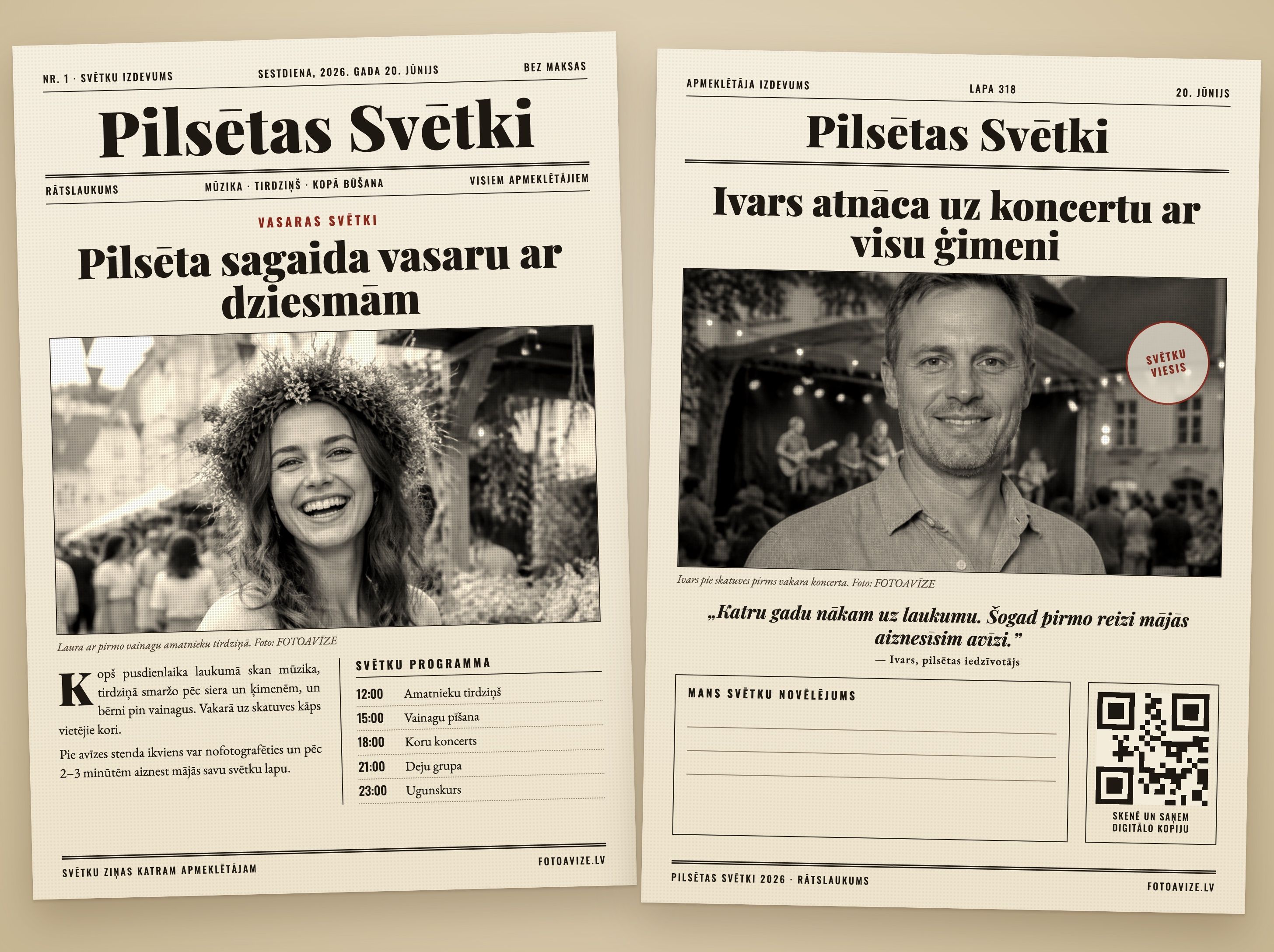 Pilsētas svētku foto avīzes makets: pirmā lapa ar svētku ziņu un programmu, blakus apmeklētāja lapa ar foto, virsrakstu un QR kodu